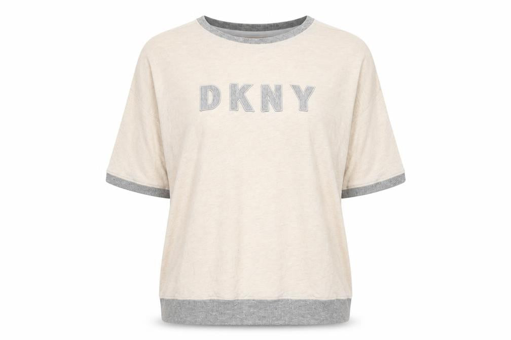 DKNY Women’s Beige Grey Trim Logo Short Sleeve Relaxed Fit T-Shirt L