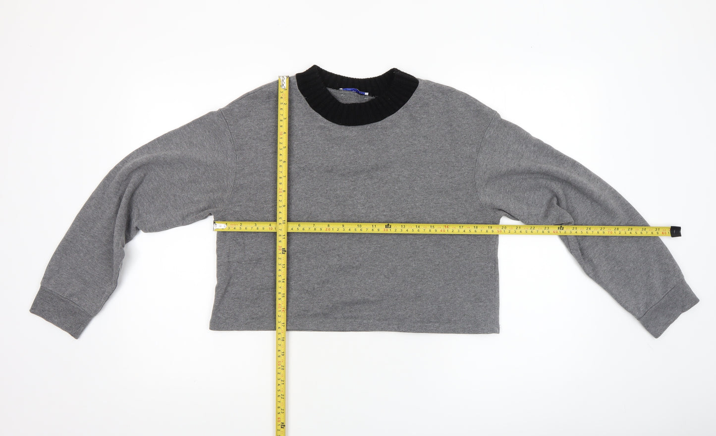 Zara Women Grey Cropped Long Sleeve Crew Neck T-Shirt Size S