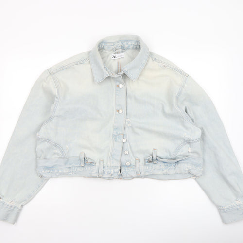 Zara Women Blue Cropped Denim Jacket Size 12 Buttoned Belted Casual