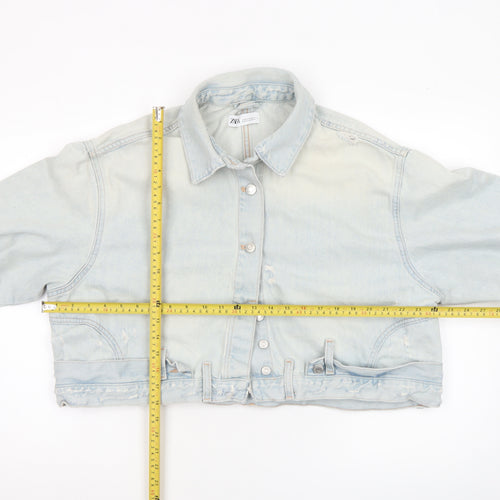 Zara Women Blue Cropped Denim Jacket Size 12 Buttoned Belted Casual