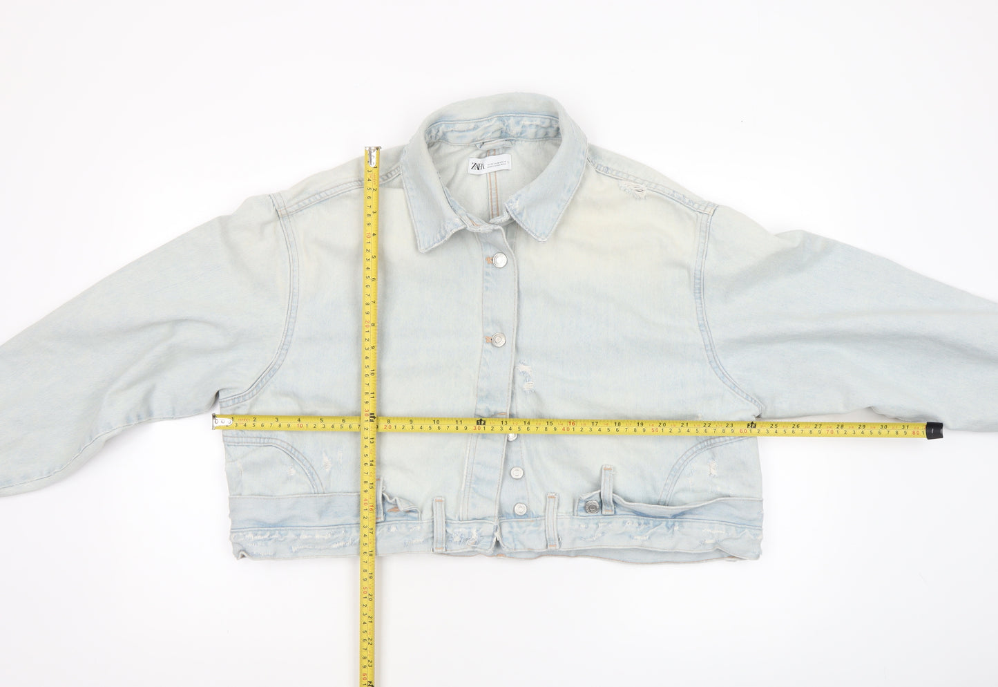 Zara Women Blue Cropped Denim Jacket Size 12 Buttoned Belted Casual