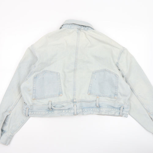 Zara Women Blue Cropped Denim Jacket Size 12 Buttoned Belted Casual