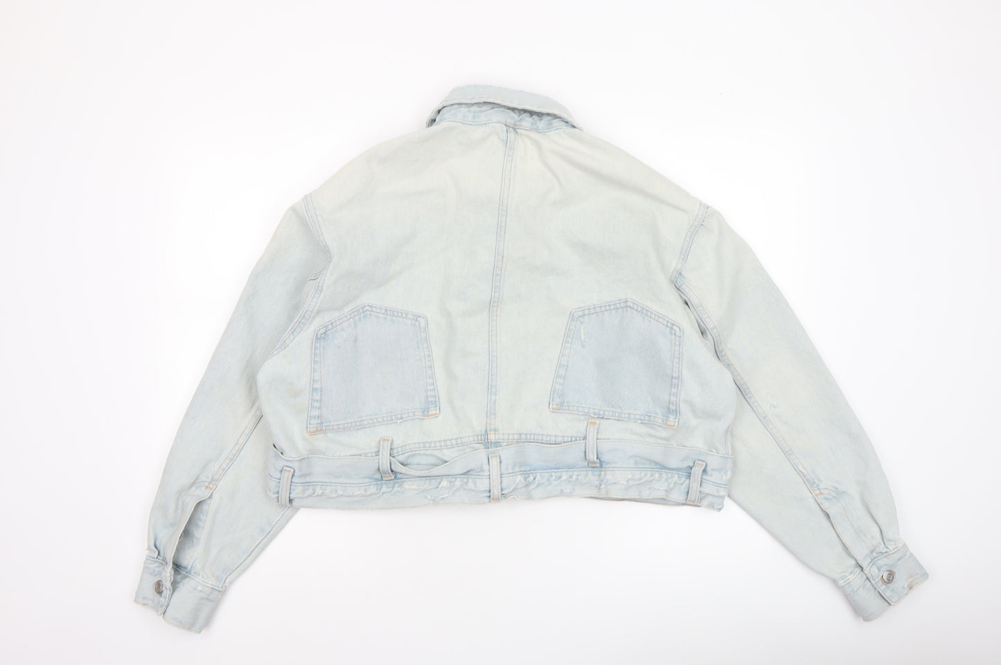 Zara Women Blue Cropped Denim Jacket Size 12 Buttoned Belted Casual