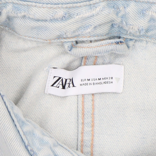 Zara Women Blue Cropped Denim Jacket Size 12 Buttoned Belted Casual