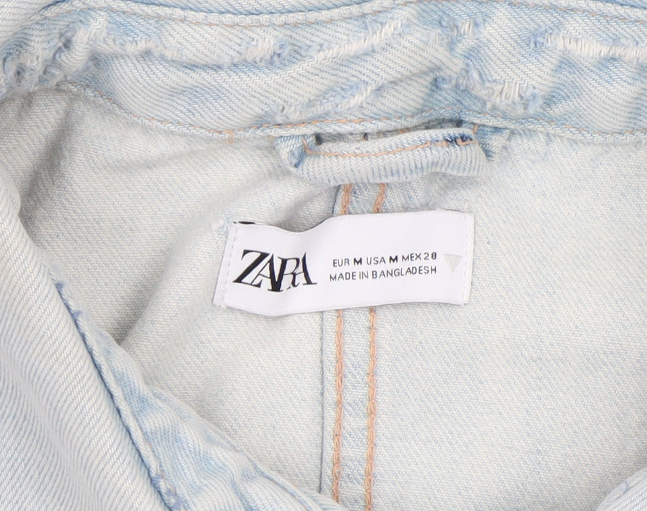 Zara Women Blue Cropped Denim Jacket Size 12 Buttoned Belted Casual