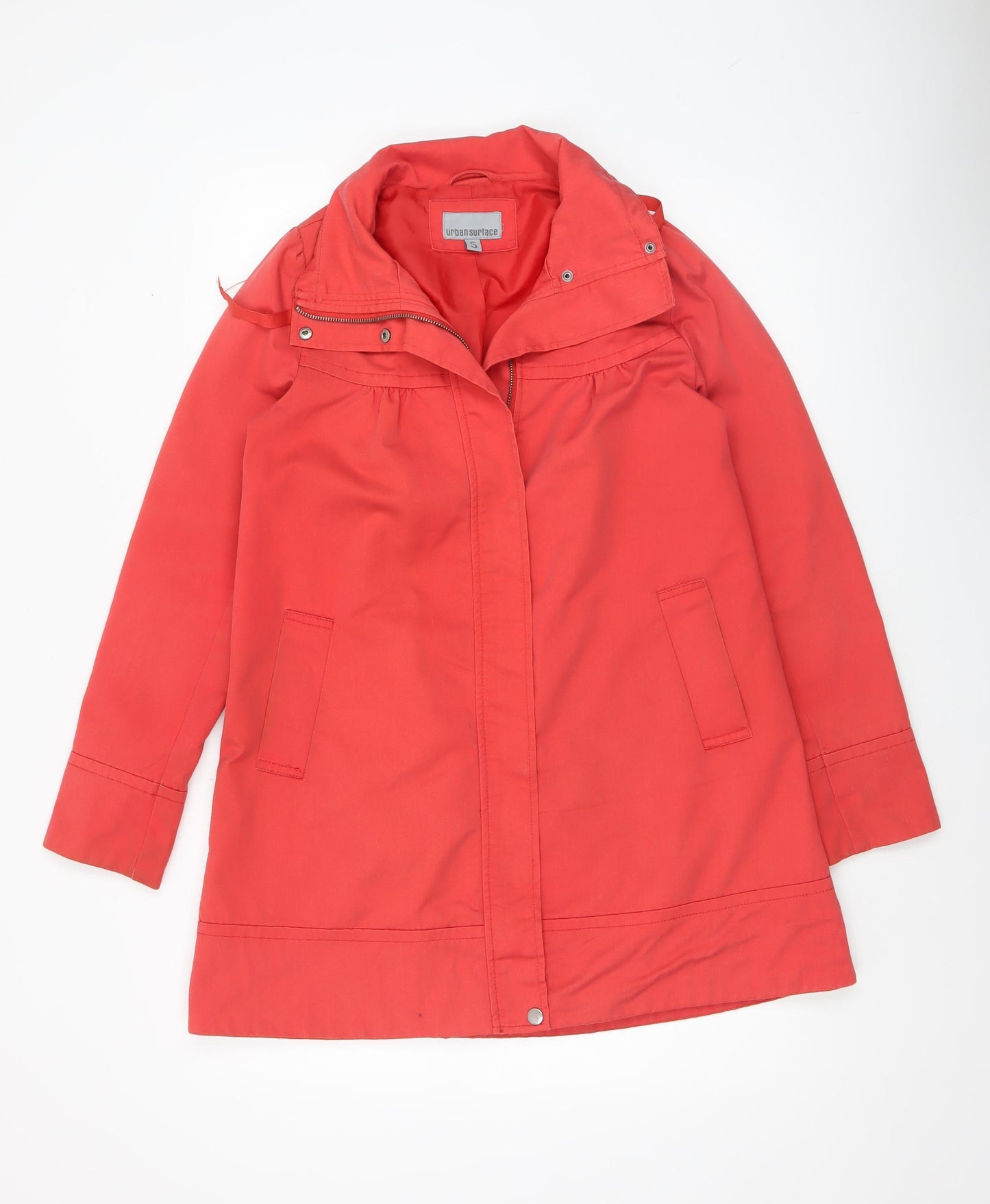 Urban Surface Women's Red Mid-Length Rain Coat Size S Hooded Twill Zip Jacket