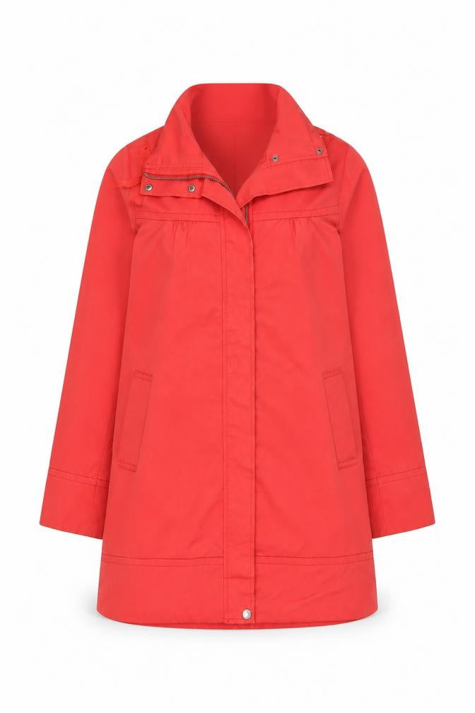 Front view of Urban Surface Women's Red Mid-Length Rain Coat, size S, Hooded Twill Zip Jacket
