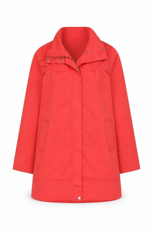 Front view of Urban Surface Women's Red Mid-Length Rain Coat, size S, Hooded Twill Zip Jacket