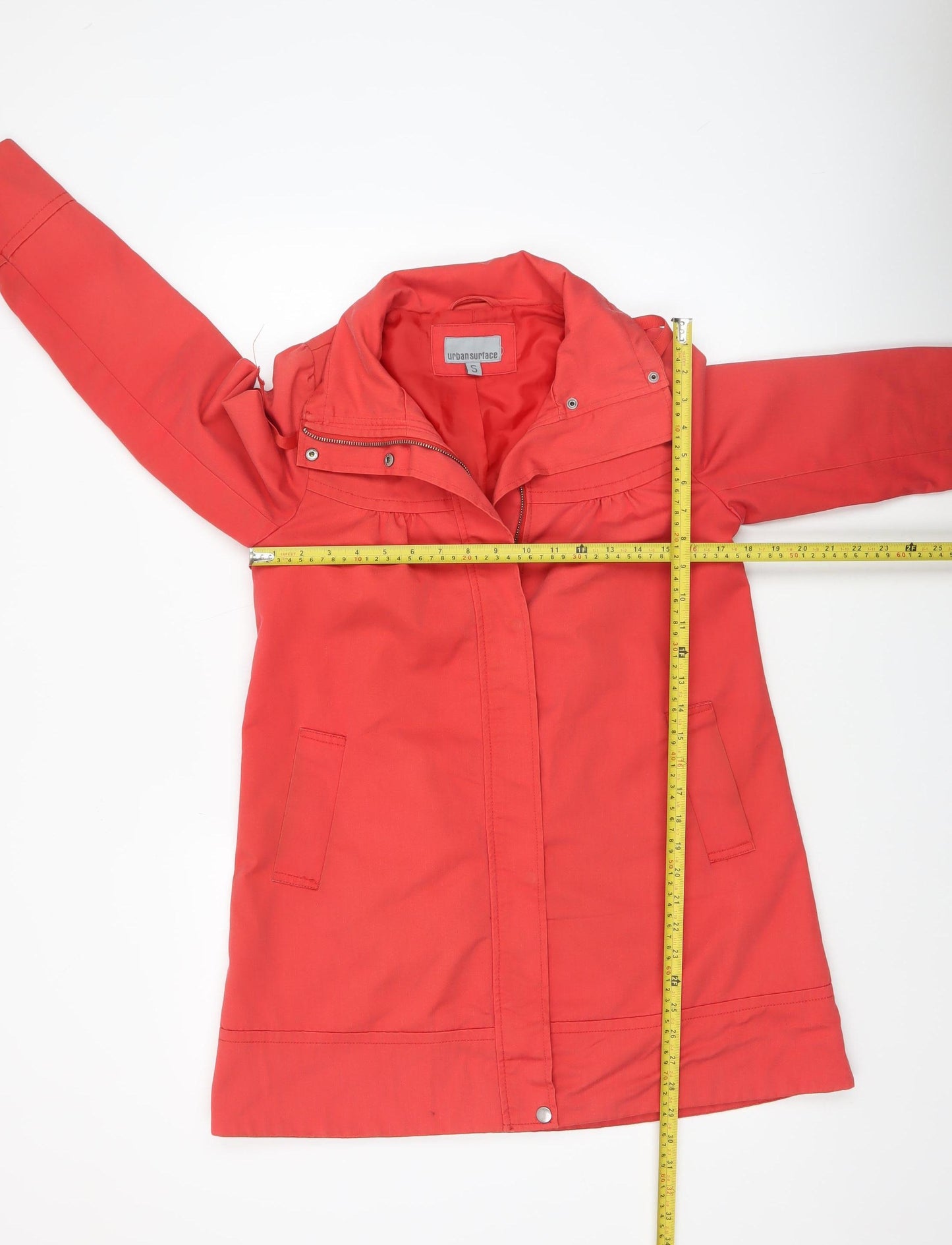 Urban Surface Women's Red Mid-Length Rain Coat Size S Hooded Twill Zip Jacket
