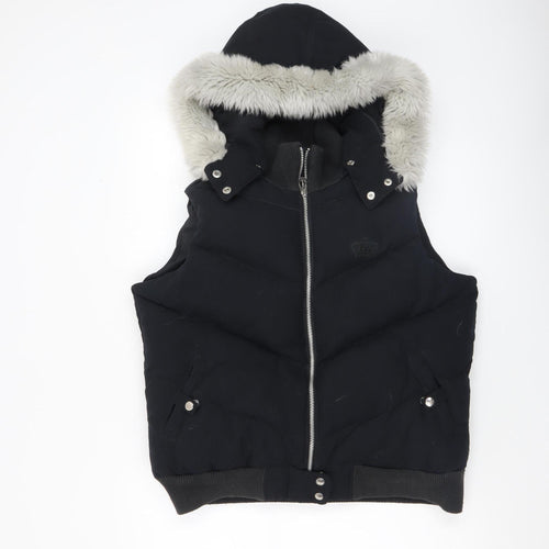 Adidas Women Black Size 14 Hooded Puffer Waistcoat Faux Fur Trim