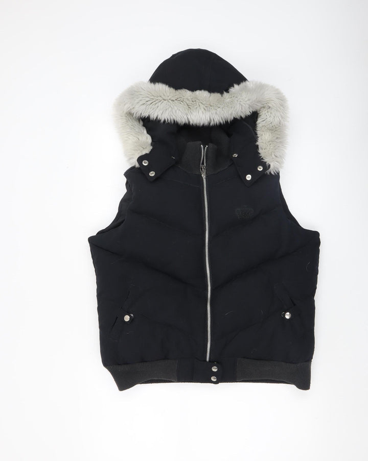 Adidas Women Black Size 14 Hooded Puffer Waistcoat Faux Fur Trim