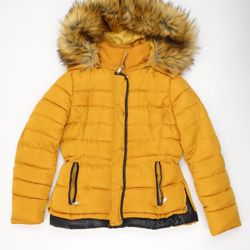 Melya Melody Womens Yellow Fur Trim Hooded Puffer Jacket L
