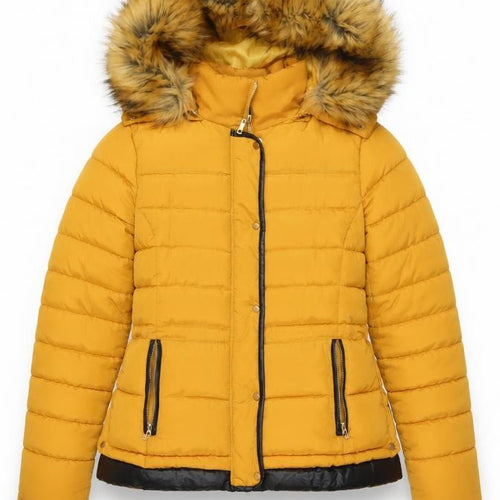 Melya Melody Womens Yellow Fur Trim Hooded Puffer Jacket L
