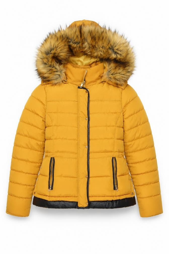 Melya Melody Womens Yellow Fur Trim Hooded Puffer Jacket L