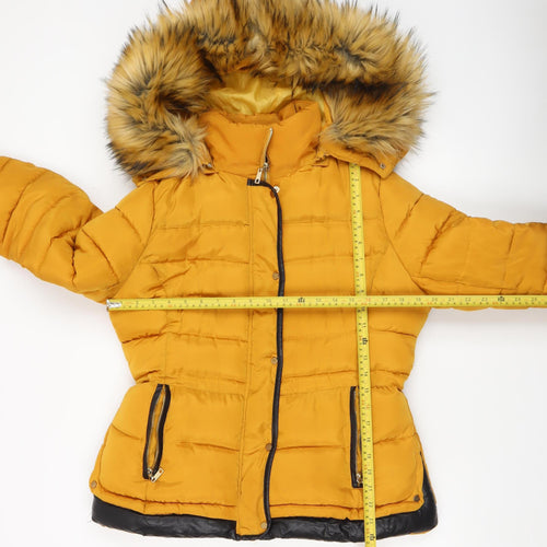 Melya Melody Womens Yellow Fur Trim Hooded Puffer Jacket L