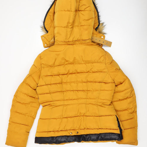 Melya Melody Womens Yellow Fur Trim Hooded Puffer Jacket L
