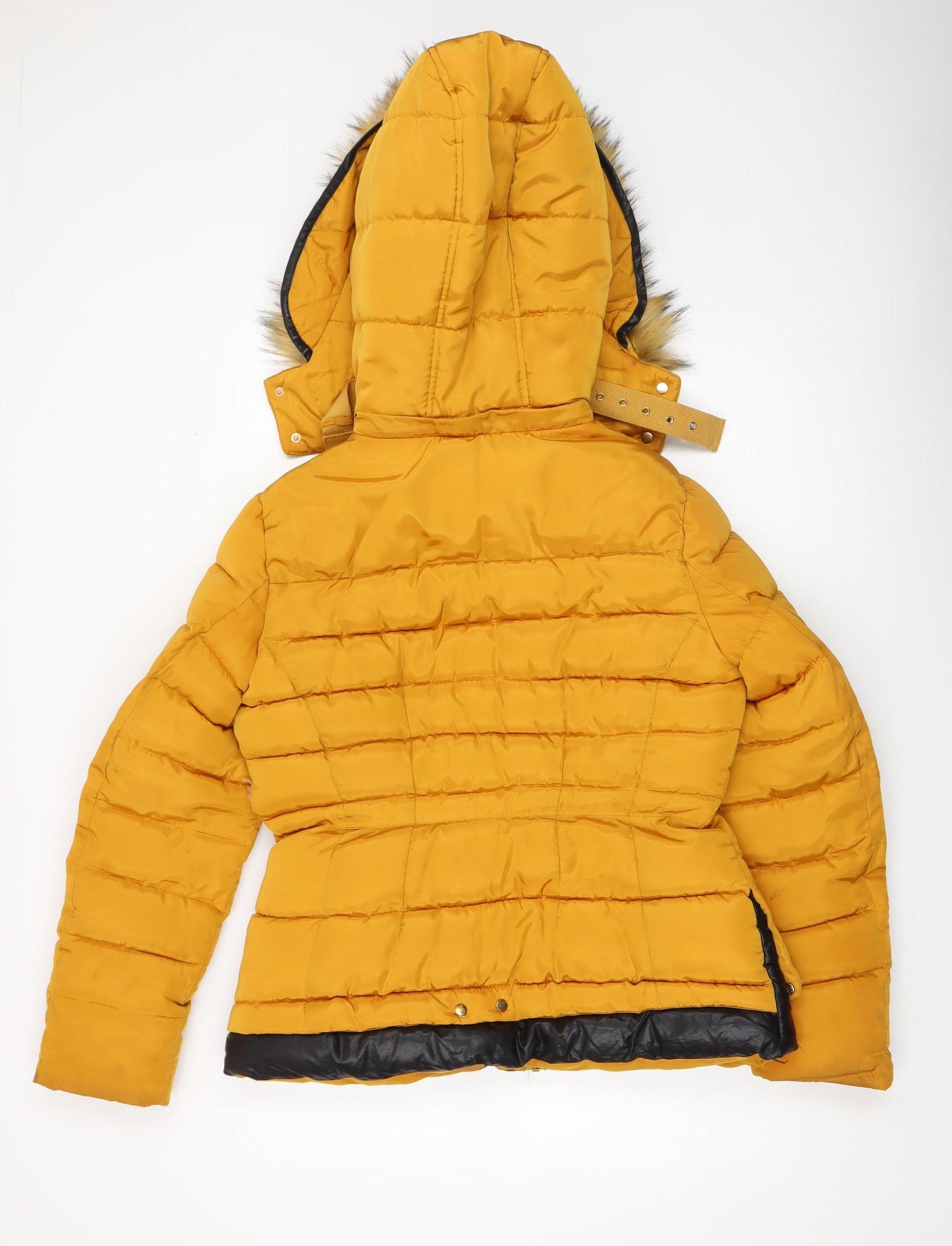 Melya Melody Womens Yellow Fur Trim Hooded Puffer Jacket L