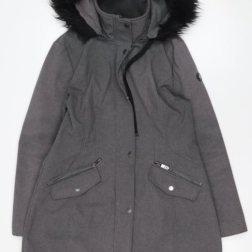 Elena J Womens Grey Hooded Parka Coat Size M Faux Fur Trim Lined