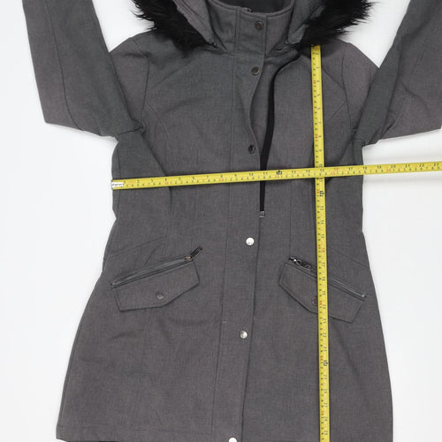 Elena J Womens Grey Hooded Parka Coat Size M Faux Fur Trim Lined