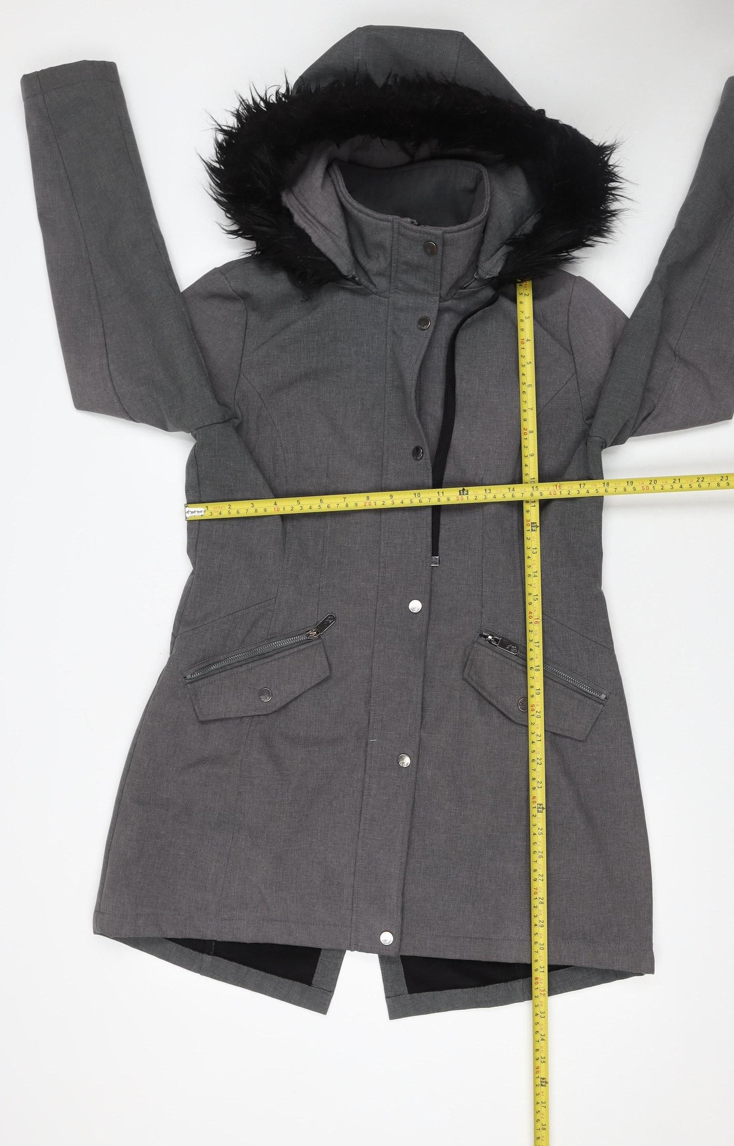 Elena J Womens Grey Hooded Parka Coat Size M Faux Fur Trim Lined