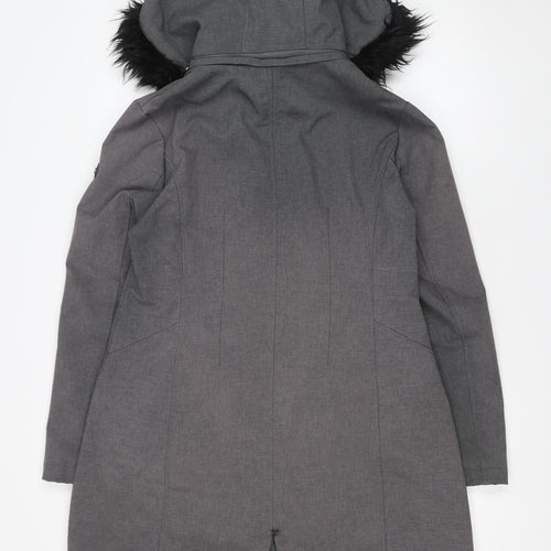 Elena J Womens Grey Hooded Parka Coat Size M Faux Fur Trim Lined