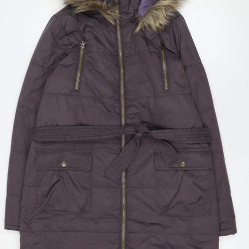 JustFab Women's Purple Long Belted Puffer Coat Hooded Size M