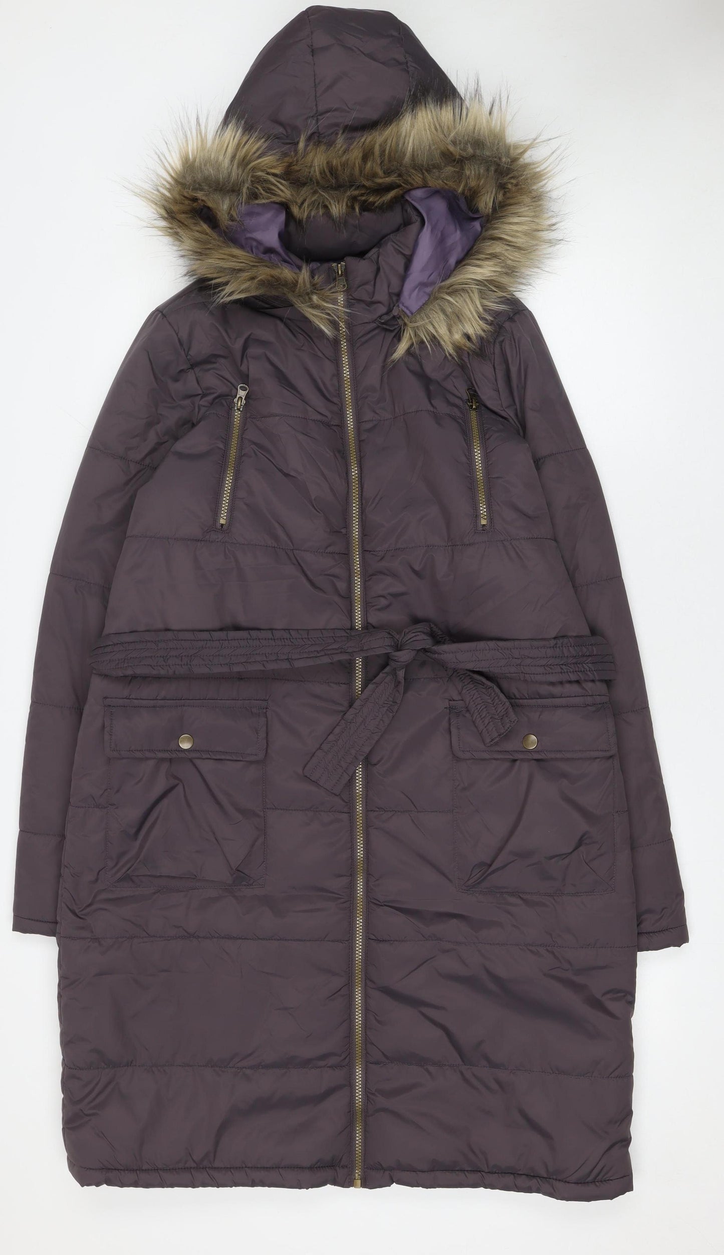 JustFab Women's Purple Long Belted Puffer Coat Hooded Size M