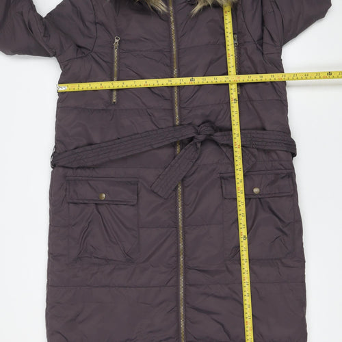 JustFab Women's Purple Long Belted Puffer Coat Hooded Size M