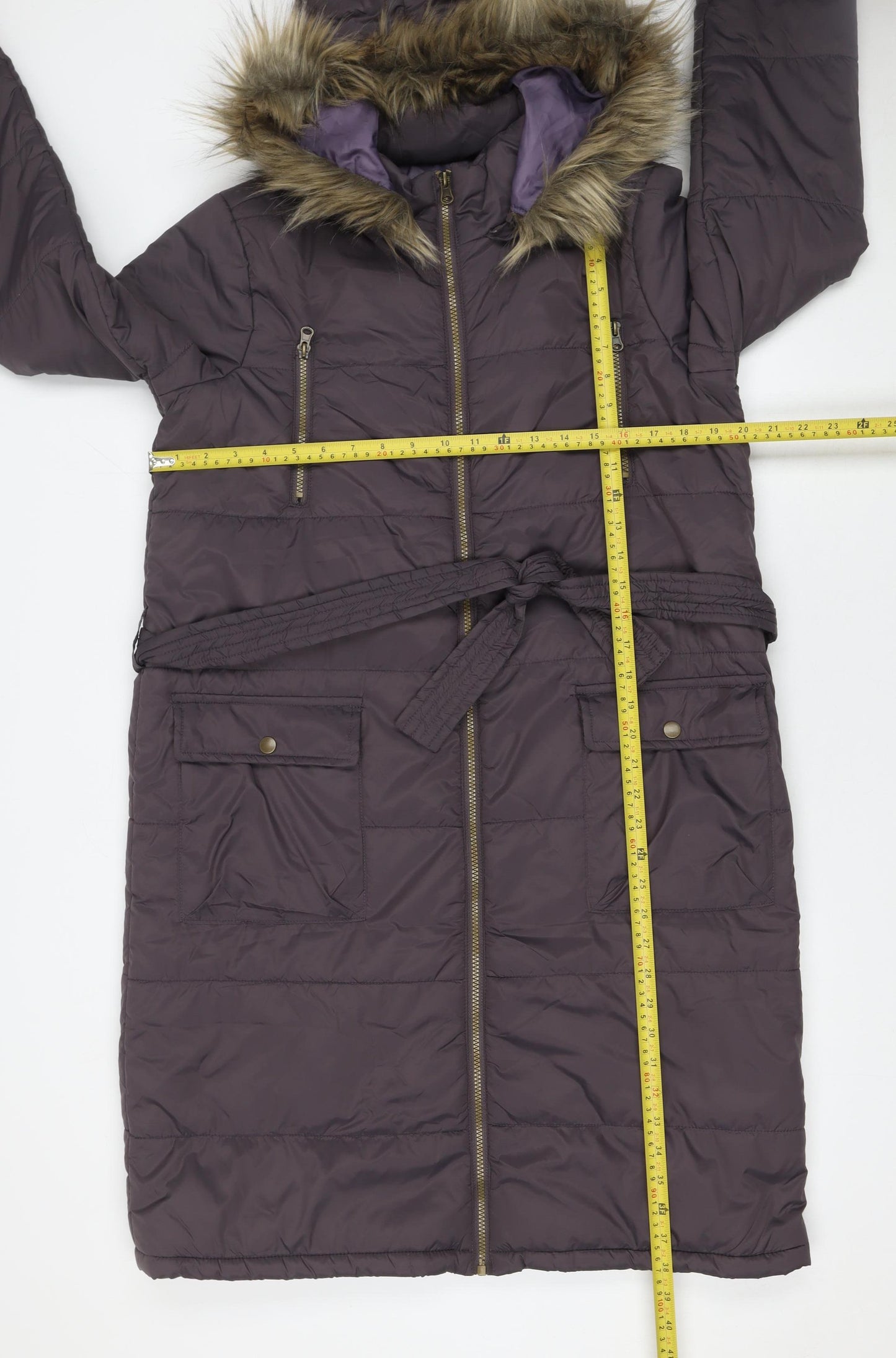 JustFab Women's Purple Long Belted Puffer Coat Hooded Size M