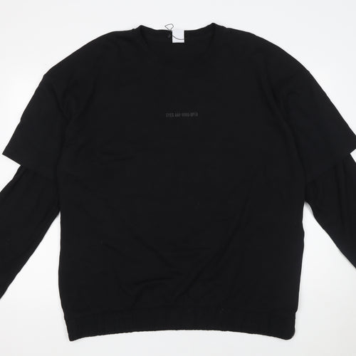 Zara Men's Black Long Sleeve Crew Neck Graphic T-Shirt XL