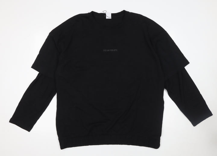 Zara Men's Black Long Sleeve Crew Neck Graphic T-Shirt XL