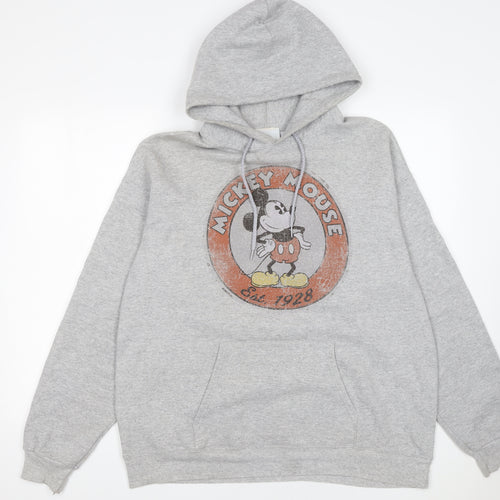 Disney Women’s Grey Hoodie Mickey Mouse Graphic L Pullover Cotton Blend