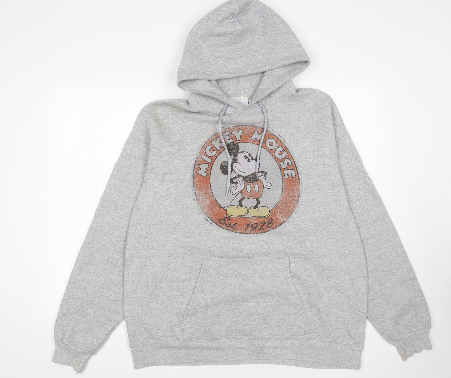 Disney Women’s Grey Hoodie Mickey Mouse Graphic L Pullover Cotton Blend