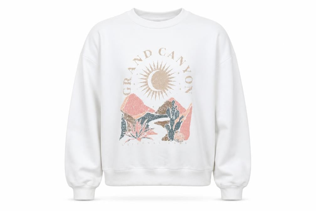 Front view of ASOS Design Women White Cotton Grand Canyon Graphic Pullover Sweatshirt, size 10