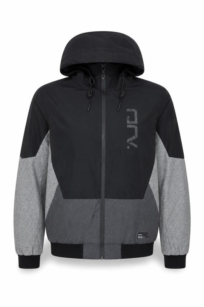 Front view of DRV Men’s Grey Windbreaker Hooded Full Zip Jacket, size M