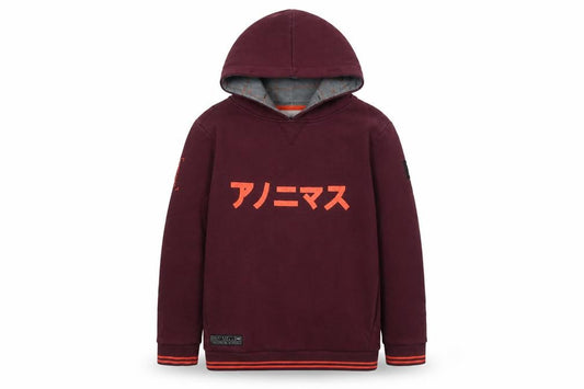 Front view of Anonimasu unisex kids red hoodie 11-12 years japanese graphic pullover