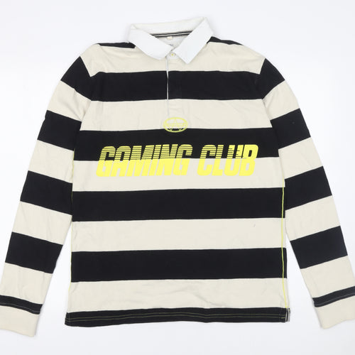 Marks and Spencer Boys Black Striped Long Sleeve Gaming Polo Shirt 15-16 Years