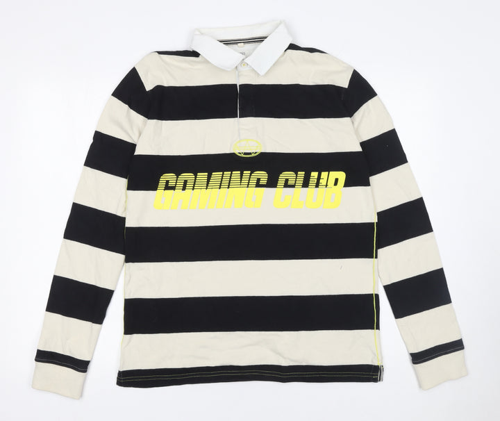 Marks and Spencer Boys Black Striped Long Sleeve Gaming Polo Shirt 15-16 Years