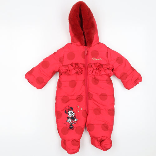 Disney Baby Girls Red Minnie Mouse Puffer Snowsuit 0-3 Months Hooded Winter