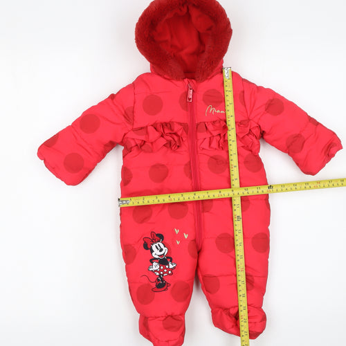 Disney Baby Girls Red Minnie Mouse Puffer Snowsuit 0-3 Months Hooded Winter
