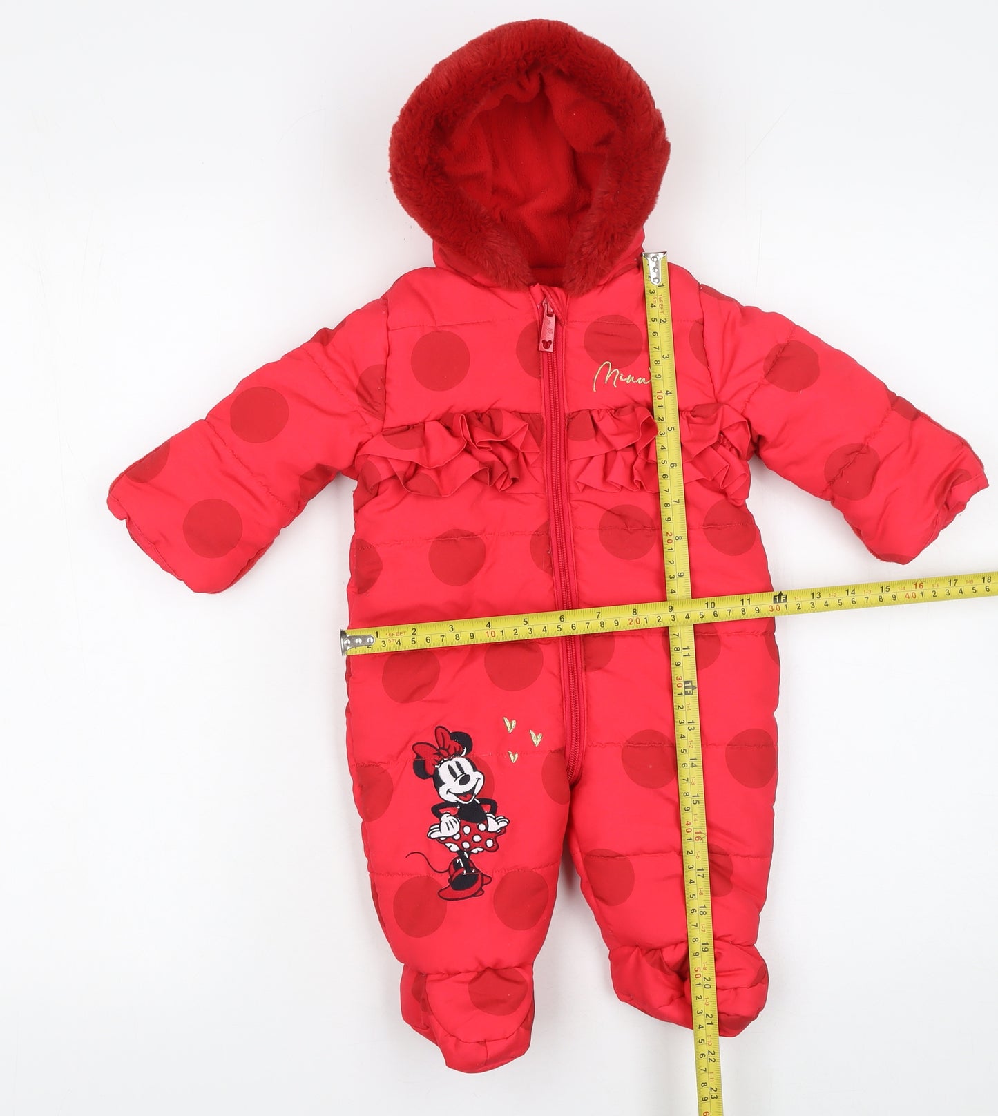 Disney Baby Girls Red Minnie Mouse Puffer Snowsuit 0-3 Months Hooded Winter
