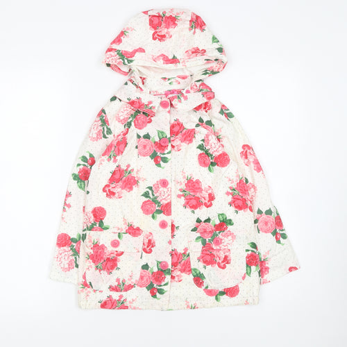 Mothercare Girls White Floral Hooded Rain Coat 6-7 Years Cotton Lined