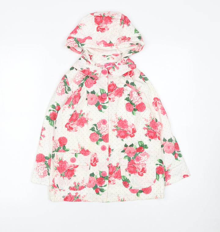 Mothercare Girls White Floral Hooded Rain Coat 6-7 Years Cotton Lined