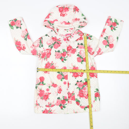 Mothercare Girls White Floral Hooded Rain Coat 6-7 Years Cotton Lined