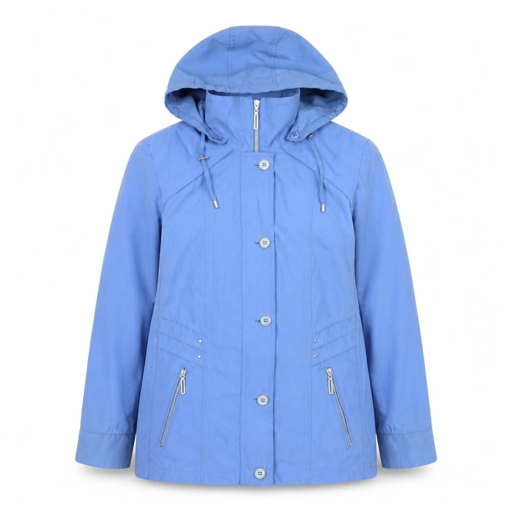 Front view of Cotswold Collections Women's Blue Hooded Mid-Length Rain Jacket, size 14
