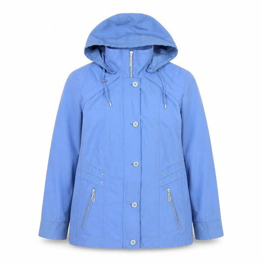 Front view of Cotswold Collections Women's Blue Hooded Mid-Length Rain Jacket, size 14