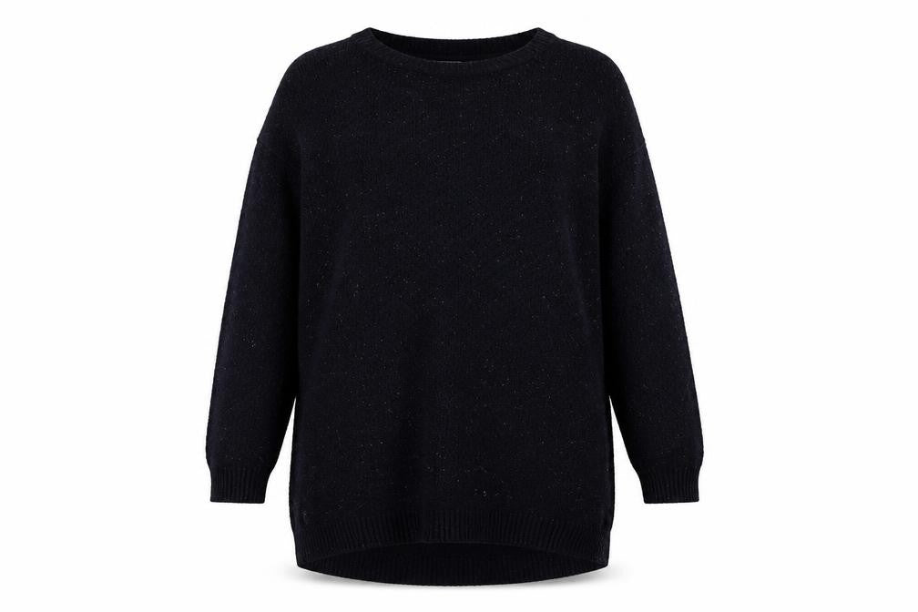 Front view of FatFace women’s blue crew neck long sleeve wool blend jumper, size UK 12