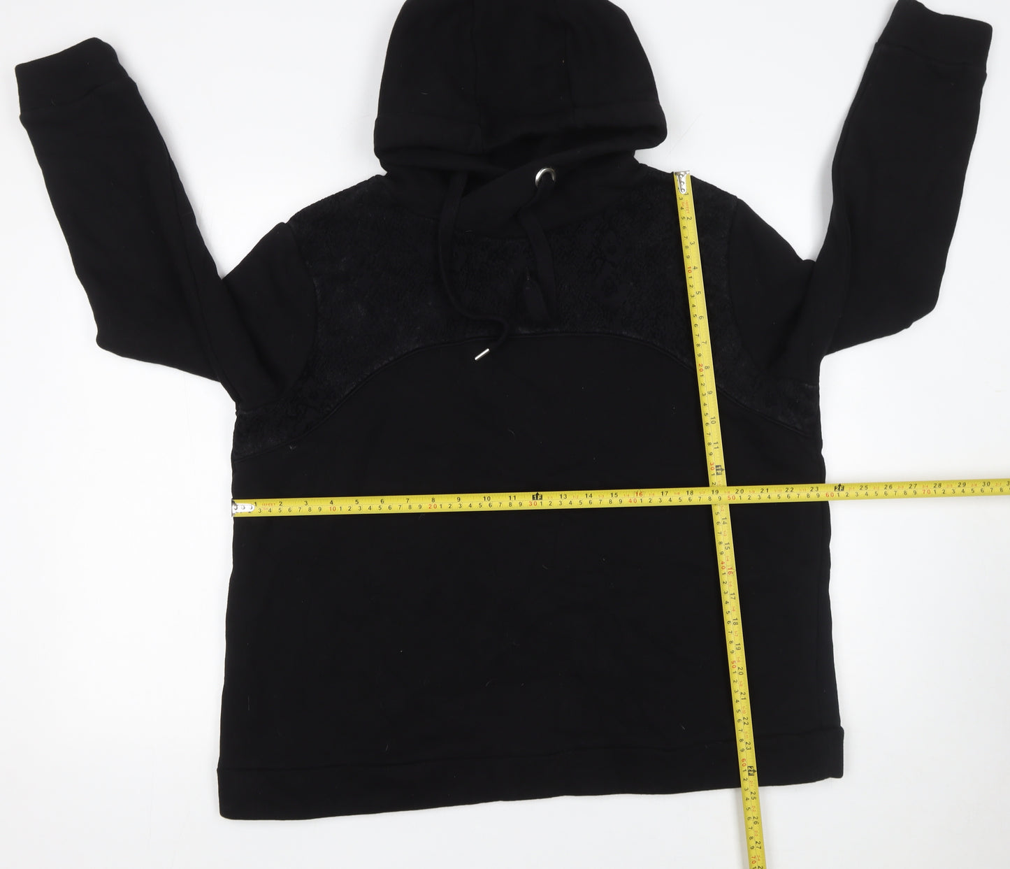 Gallery Womens Black Large Pullover Hoodie with Lace Detail