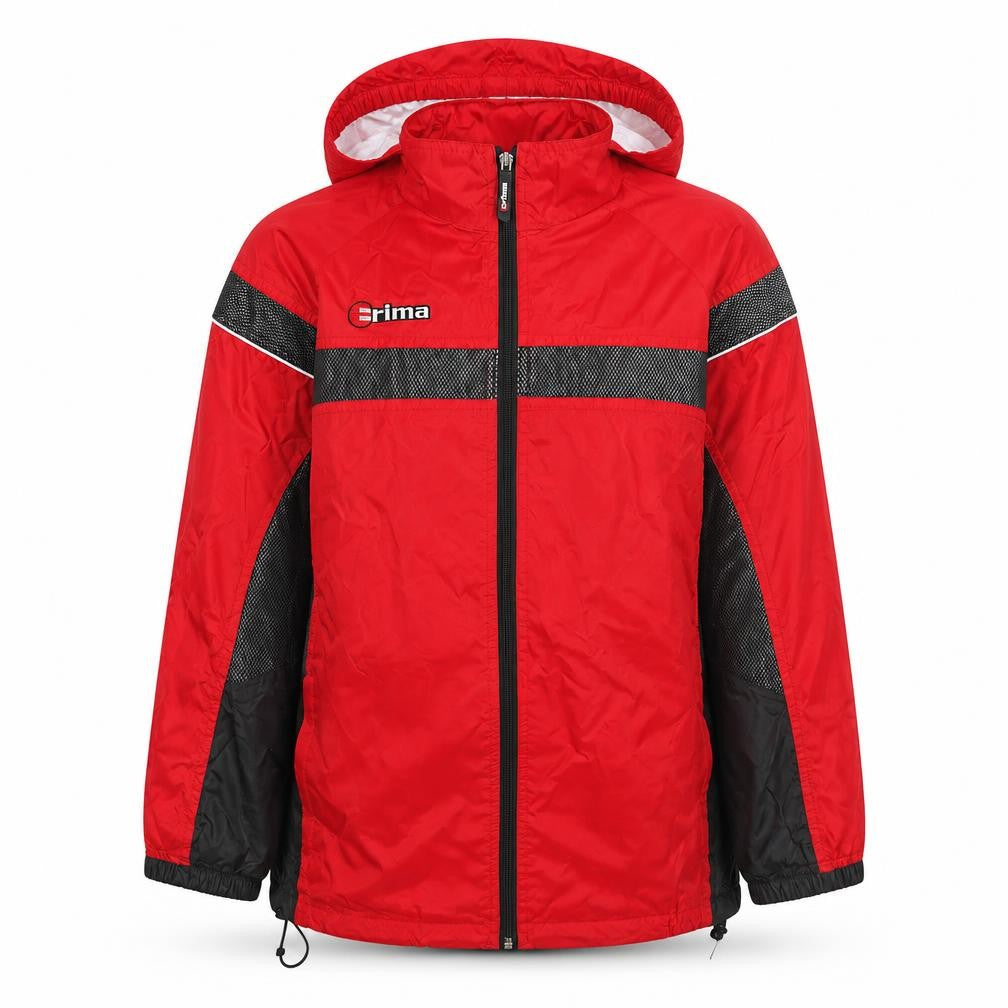 Front view of Erima boys’ red black windbreaker hooded jacket 11-12 years