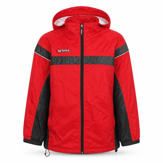 Front view of Erima boys’ red black windbreaker hooded jacket 11-12 years